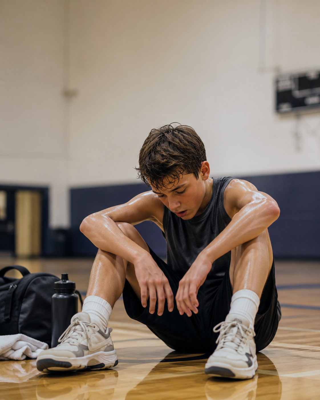Middle school athlete sitting exhausted on a gym floor after training, showing signs of overtraining, fatigue, and youth sports burnout.