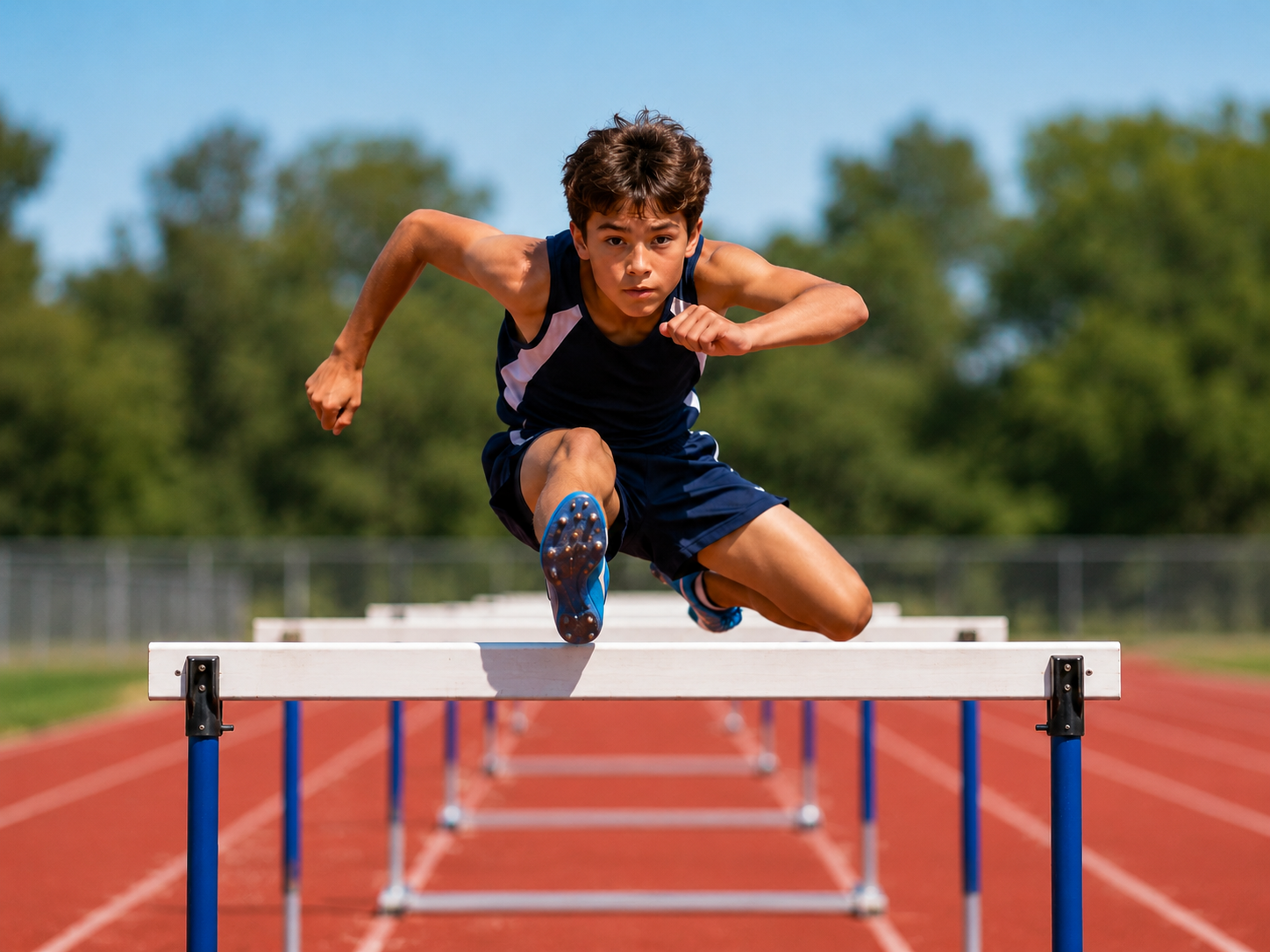 Middle school athlete performing a hurdle drill on an outdoor track as part of youth training for speed, coordination, and athletic development.