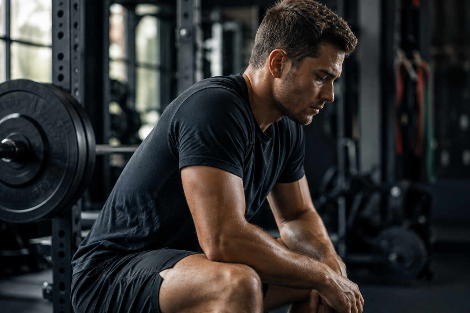 Strength athlete resting between sets in a weight room during a resistance training session.