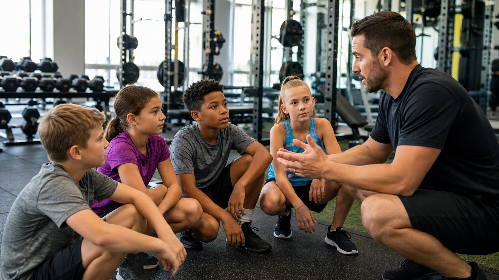 Young athletes listening closely to a strength coach in a gym during a focused youth training session.