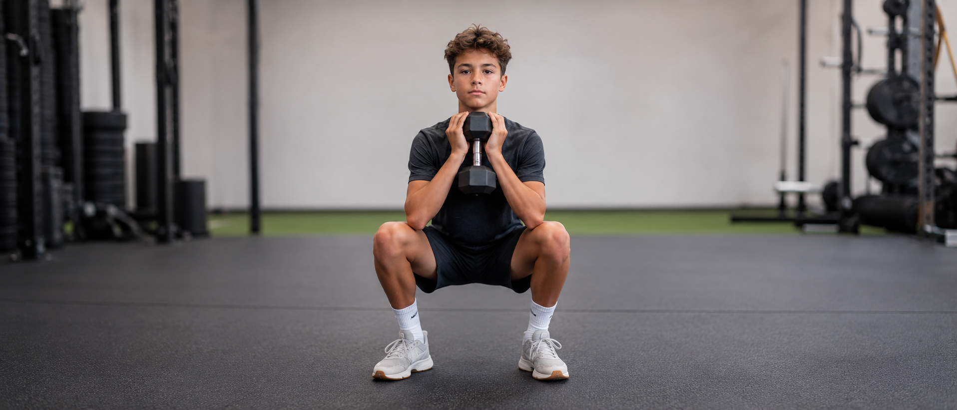 Youth athlete performing a goblet squat in the gym as part of youth strength training and athletic development.