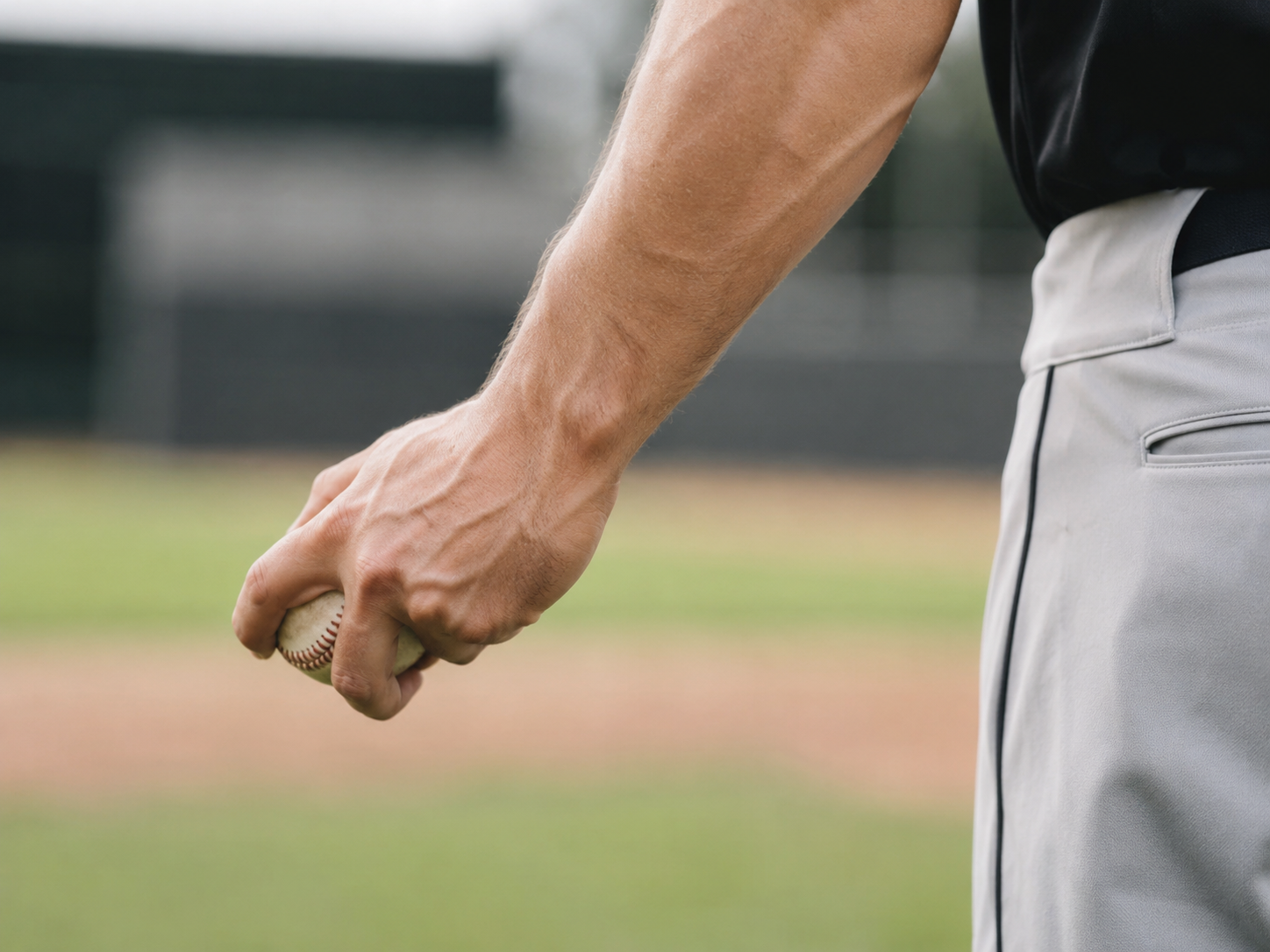 Close-up of a pitcher gripping a baseball, showing the forearm and hand involved in elbow and UCL stabilization.