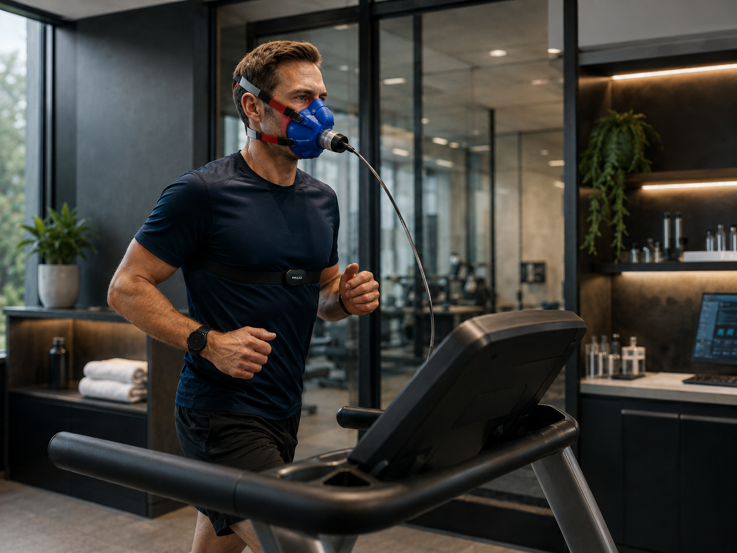 Executive completing a VO2 max treadmill test in a performance lab.
