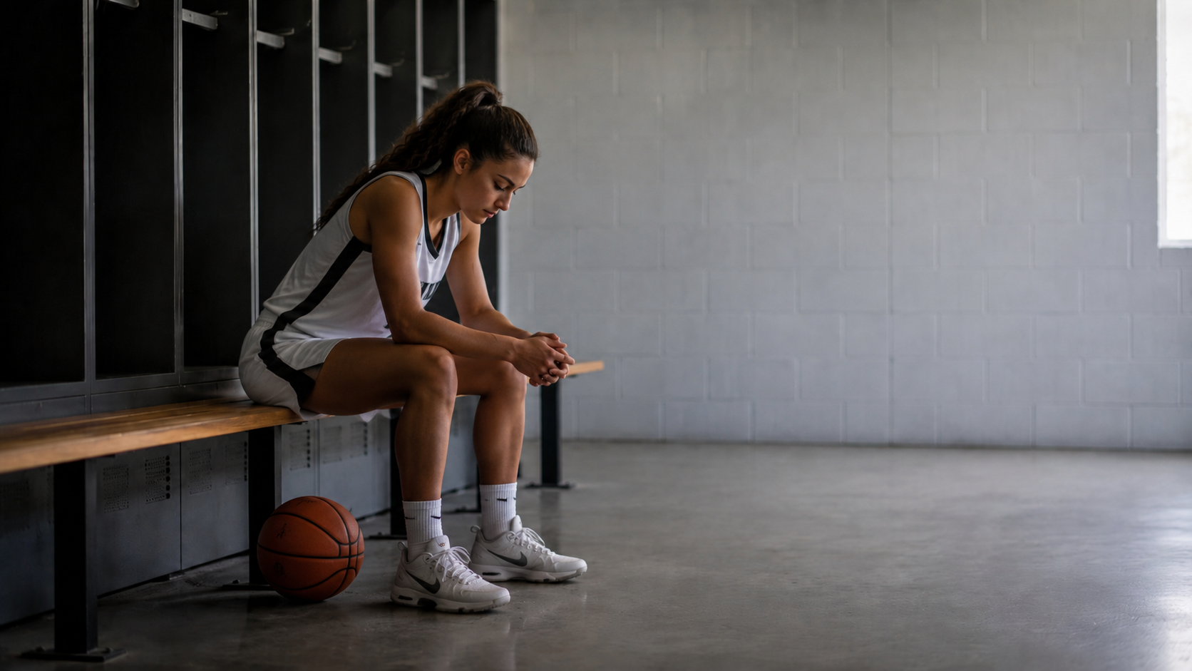 Female basketball player sitting alone on a locker room bench in quiet reflection, illustrating athletic identity, pressure, and the person behind performance.