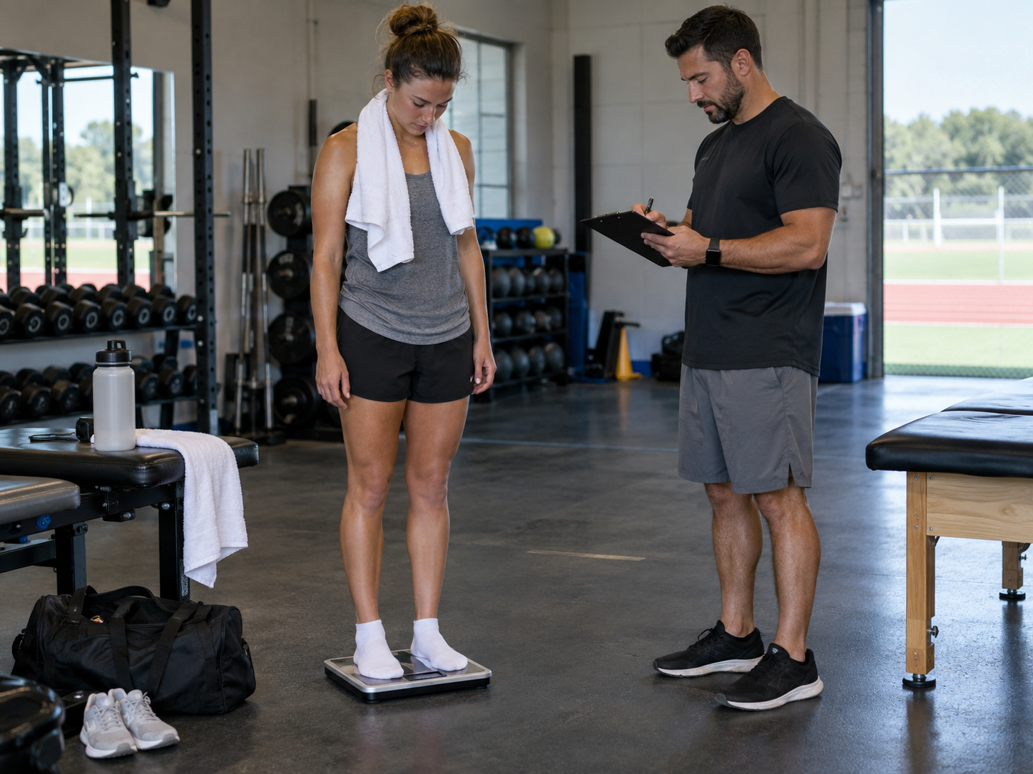 Athlete standing on a scale while a coach records body weight to estimate fluid loss and hydration needs before or after training.