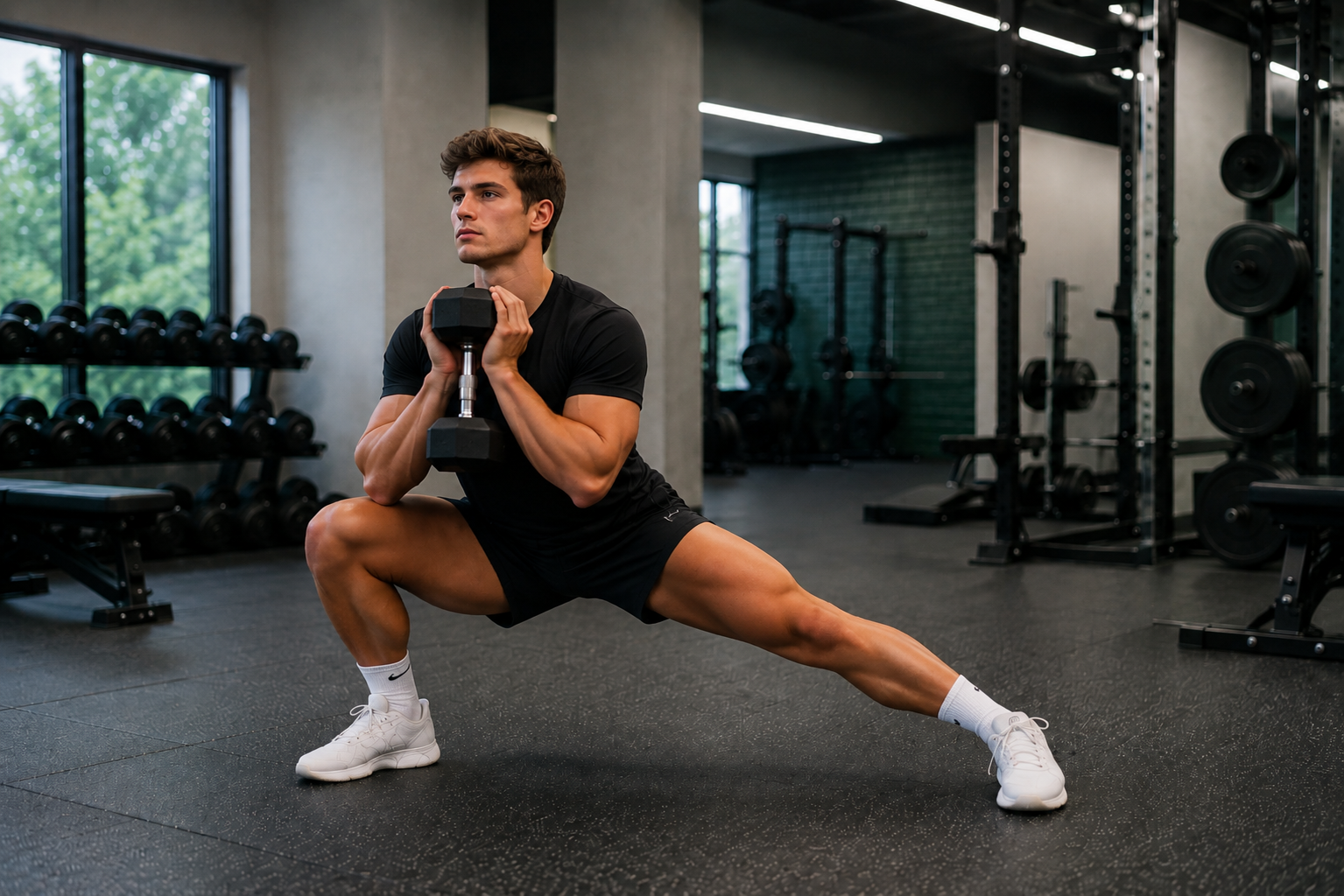Male athlete performing a dumbbell goblet lateral lunge in a strength training facility.  Description: Male athlete performing a loaded lateral lunge with a single dumbbell, demonstrating unilateral strength, positional control, and force production.