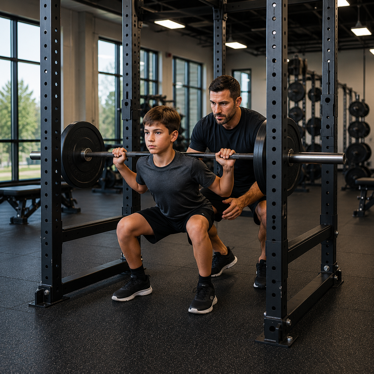Young athlete safely performing a barbell squat in a rack with coach supervision during youth strength training.