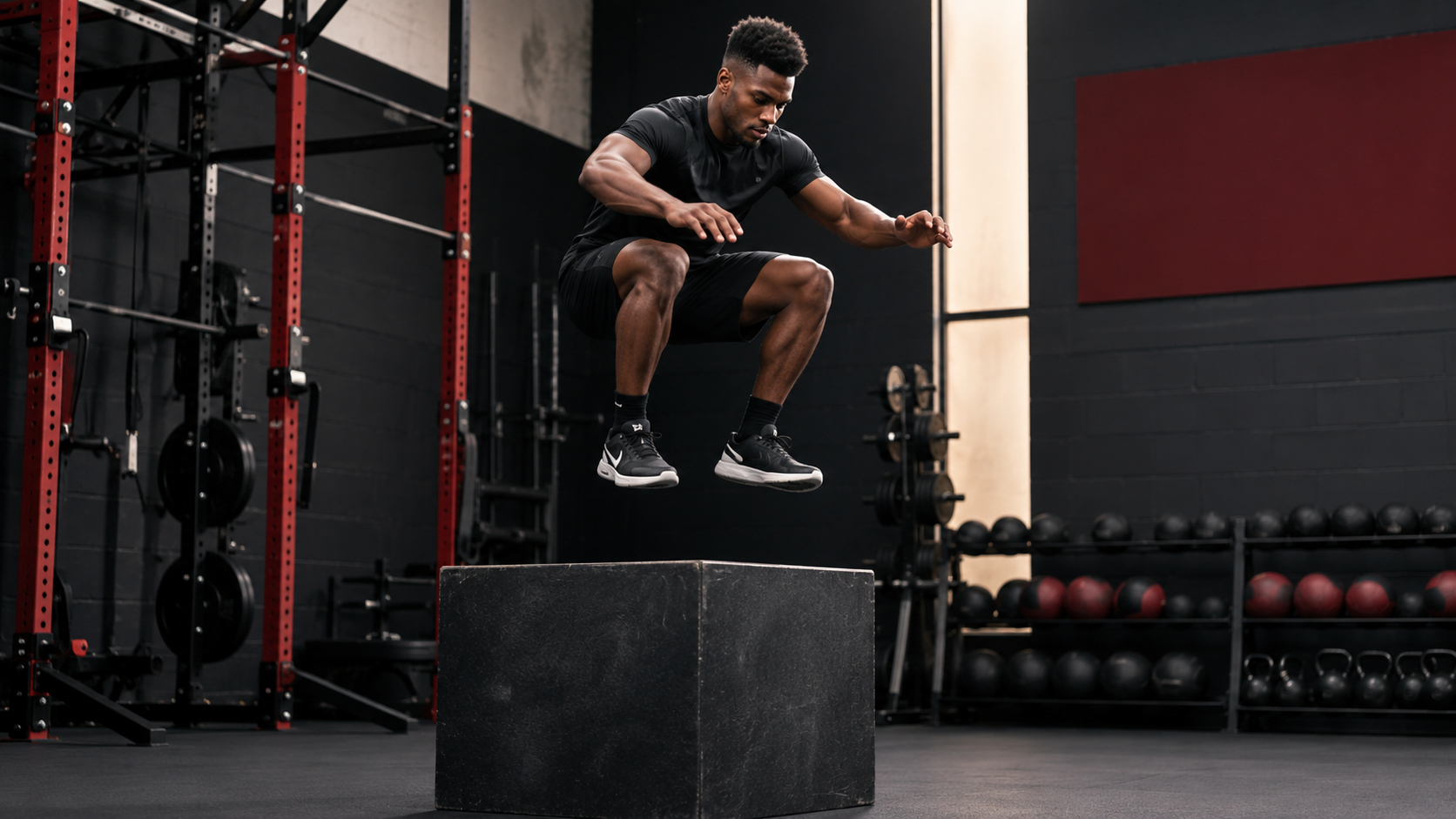 Athlete performing a box jump in a strength and conditioning gym to demonstrate explosive power, force expression, and lower-body athletic development.