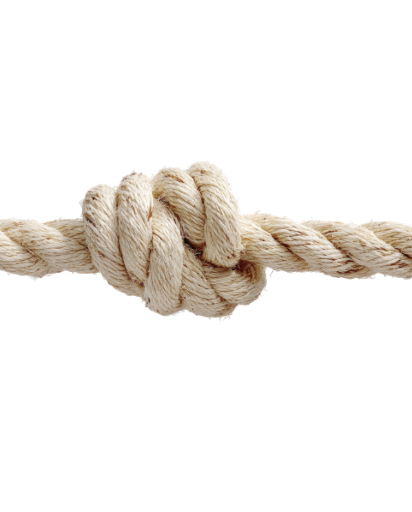 A close-up of a knot tied in a thick, beige rope.