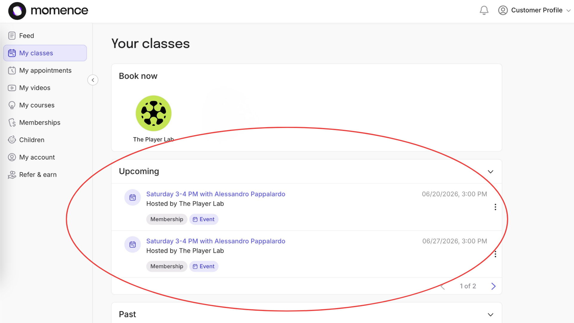 Screenshot of online platform dashboard showing upcoming classes scheduled for Saturday from 3-4 PM with Alessandro Pappalardo, hosted by The Player Lab.