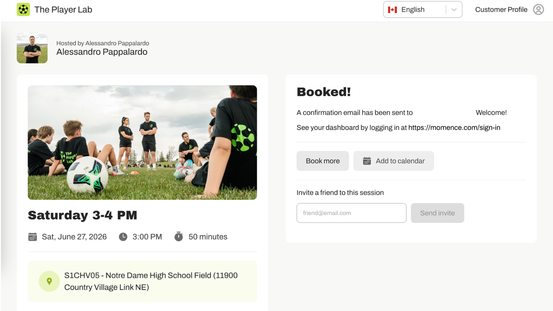 A digital event confirmation page for a soccer session at Notre Dame High School Field on June 27, 2026, from 3:00 PM to 4:00 PM, hosted by Alessandro Pappalardo, featuring a group of kids and coaches on a soccer field, some sitting and some standing, with a soccer ball in the foreground.