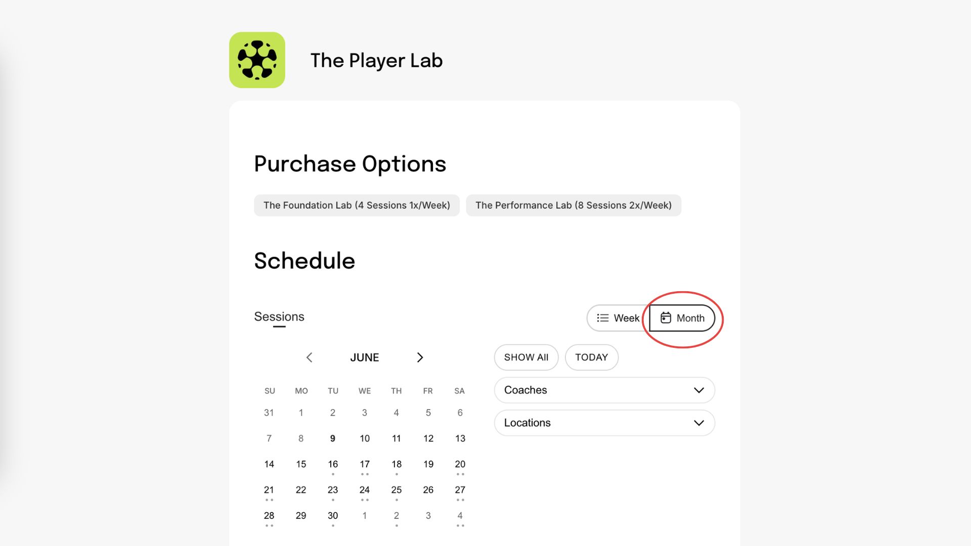 The image shows a section of an online scheduling interface for The Player Lab. It includes purchase options for foundation and performance labs, a calendar for June with navigation arrows, and buttons for toggling between weekly and monthly views. The 'Month' button is highlighted with a red circle.