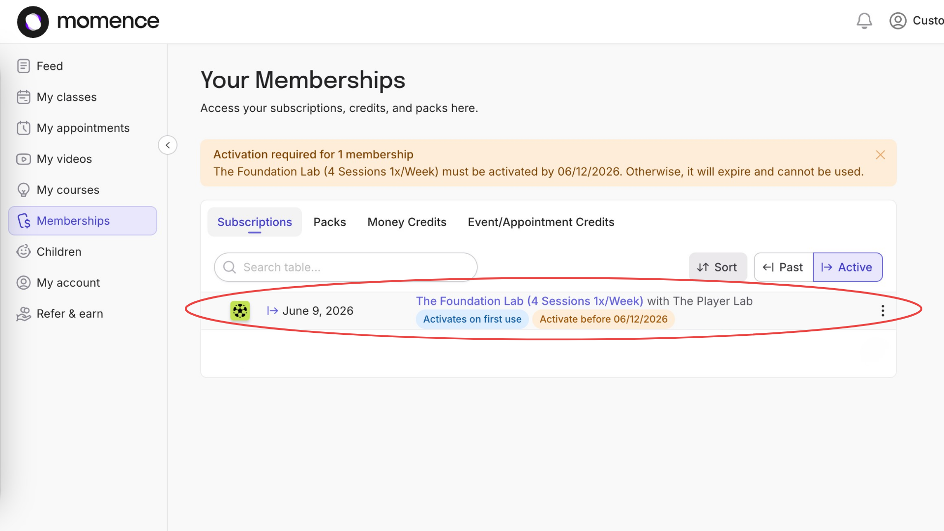 Screenshot of an online dashboard showing a membership subscription labeled 'The Foundation Lab (4 Sessions 1x/Week)' with a start date of June 9, 2026, and annotations indicating it activates on first use and must be activated before June 12, 2026.