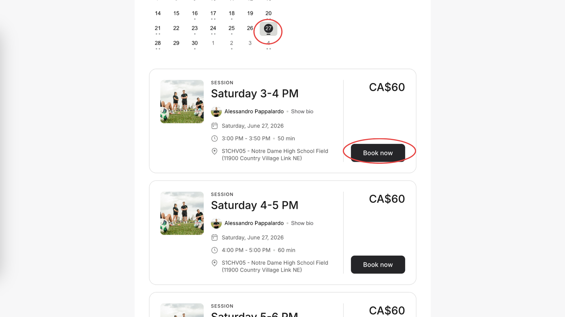An online event booking interface displaying upcoming session details with a 'Book now' button. The session is scheduled for Saturday from 3-4 PM, priced at CA$60, located at Notre Dame High School Field, with a photo of three people with sports equipment.