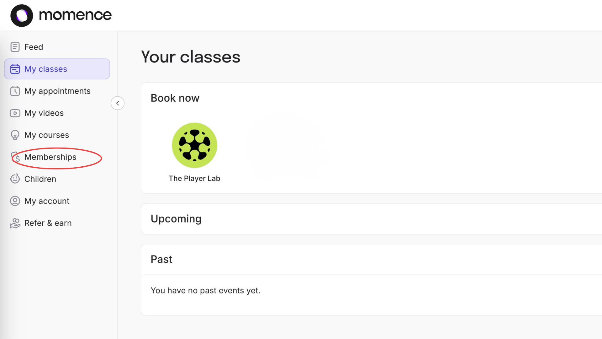 Screenshot of a webpage titled 'Your classes' with a list on the left side including 'Feed,' 'My classes,' 'My appointments,' and other options. The selected item is 'My classes,' which displays a green circular icon with black abstract shapes and the text 'The Player Lab.'