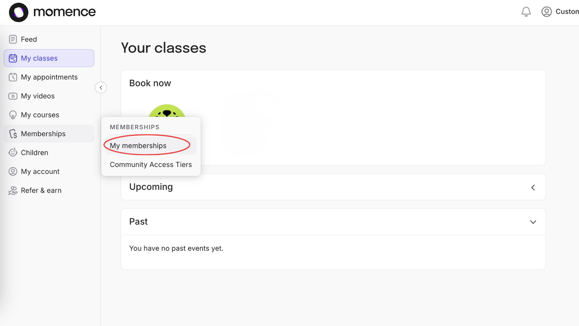 Screenshot of an online learning platform dashboard displaying 'Your classes' section with a dropdown menu open showing 'My memberships' highlighted.