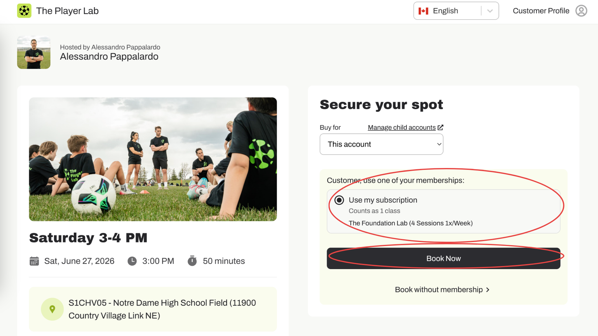 Online sports registration page for The Player Lab showing an event scheduled for Saturday, June 27, 2026, at 3:00 PM, involving a youth soccer class with a picture of children and adults outdoors on a field.