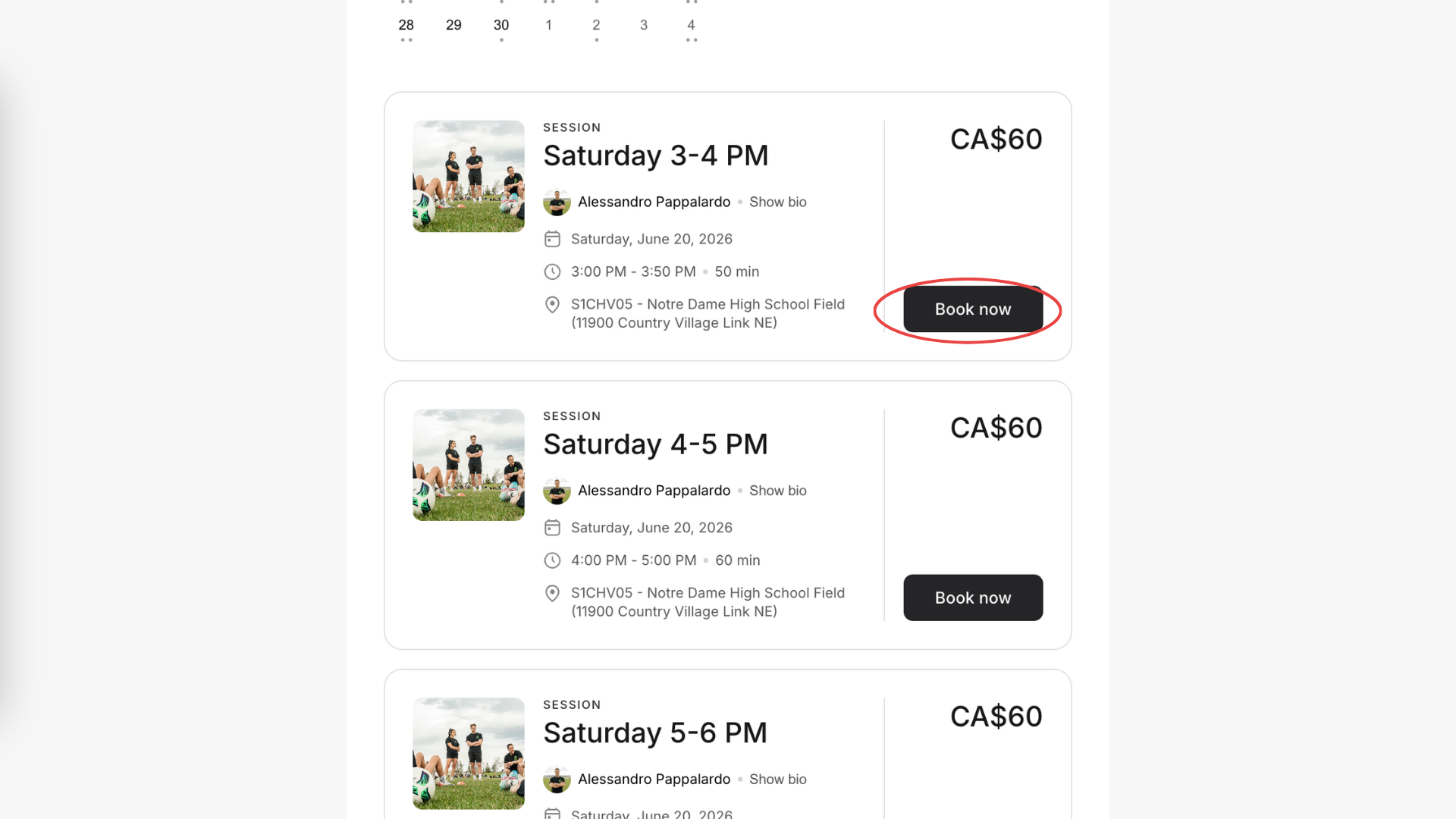 Online booking page showing three soccer training sessions scheduled for Saturday, June 20, 2026, from 3 to 6 PM at Notre Dame High School Field, each costing CA$60, with a 'Book now' button.