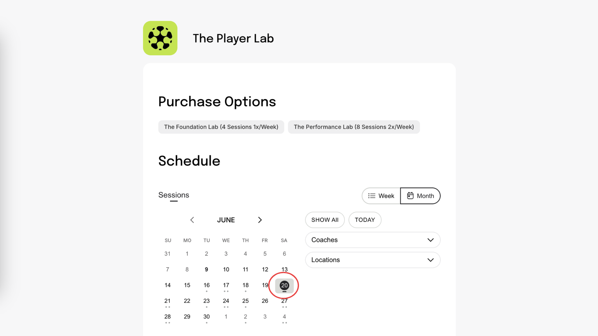 Screenshot of a calendar interface for June 2023 with the 20th date highlighted in red. The page is part of a scheduling tool for "The Player Lab," showing purchase options and schedule filters for sessions, with options for week or month views.