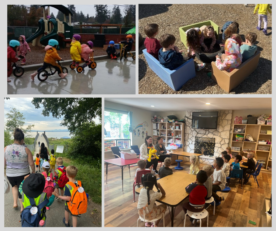 Children engaging in outdoor and indoor activities, including riding bikes, playing in sandbox, walking on a trail, and sitting in a classroom setting.