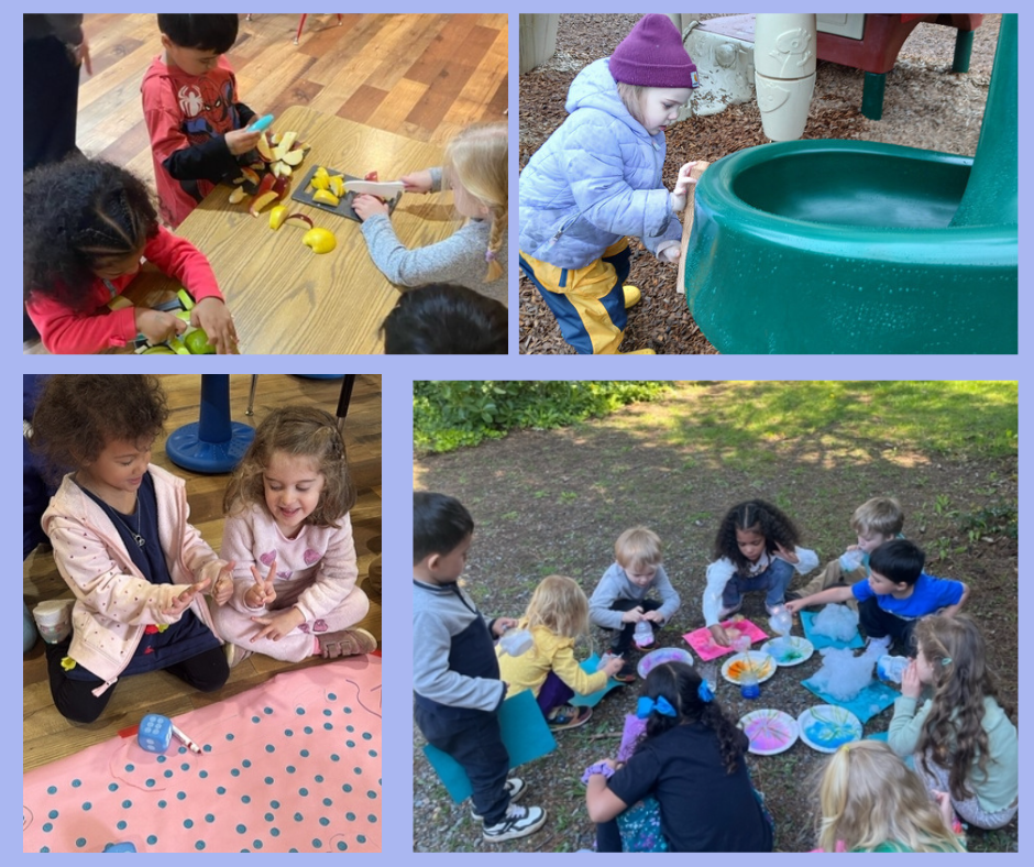 Children engaged in various activities: playing with toy food and utensils indoors, a child sliding on a playground slide, children laughing while crafting with paper indoors, and children having a painting activity outdoors in a park.