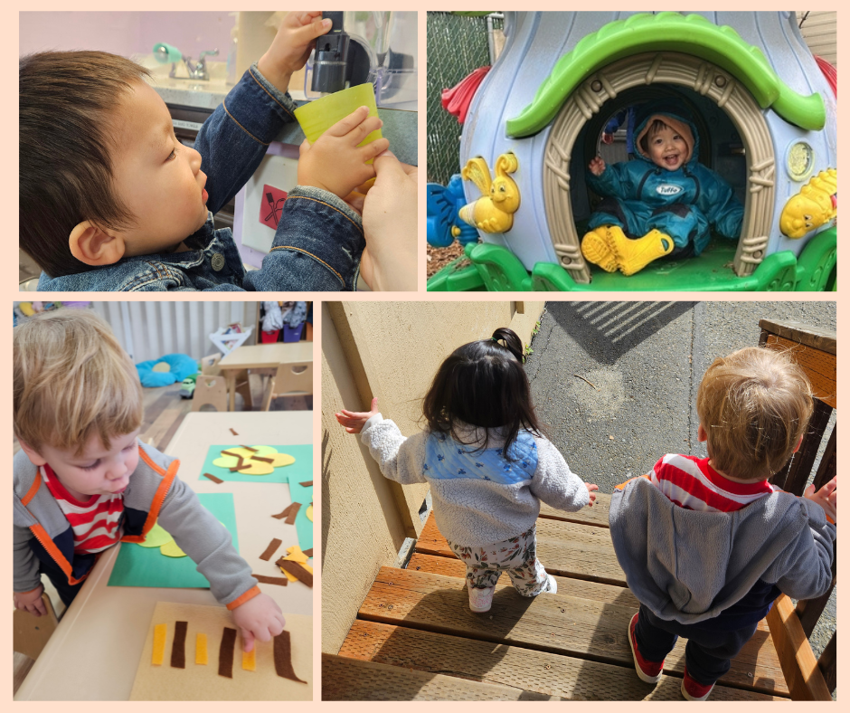Children engaging in various activities: a boy at a sink pouring a yellow liquid, a child in a colorful playhouse, a child making craft projects at a table, and two children walking outside on a wooden deck.