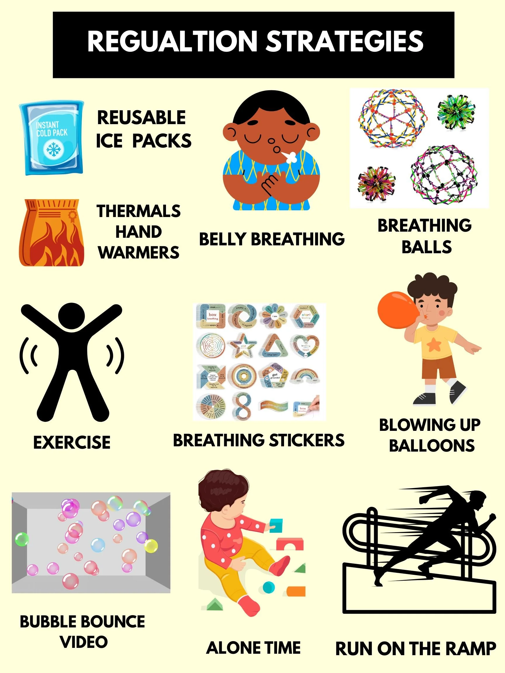 A poster listing regulation strategies for children, including reusable ice packs, thermals hand warmers, breathing techniques, blowing up balloons, exercise, breathing stickers, bubble bounce video, playing alone, and running on the ramp.