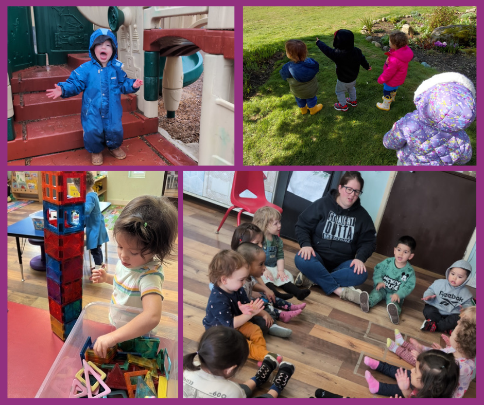 Collage of four images showing children in various activities. Top left: a toddler in a blue raincoat crying on playground stairs. Top right: four children outdoors on grass, pointing and looking around. Bottom left: a young girl stacking colorful magnetic tiles on a table. Bottom right: a group of children sitting on the floor in a classroom, listening to a woman.