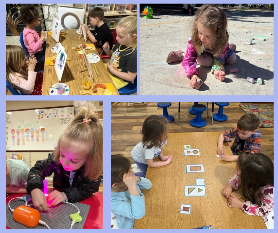 Collage of children engaging in various activities: painting at a table in a classroom, drawing with chalk on pavement outdoors, working with a light-up STEM toy, and playing a card matching game at a table.