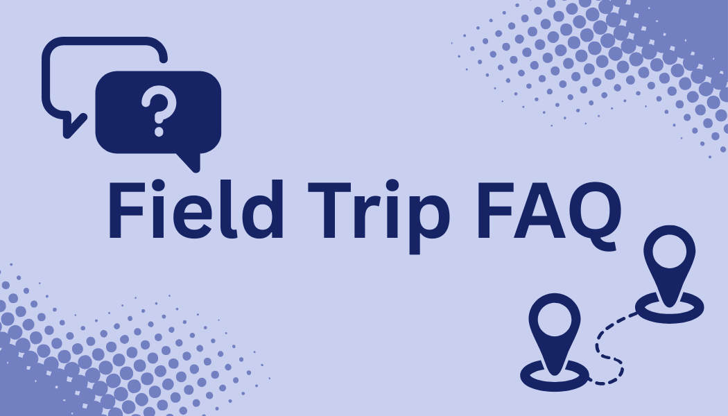 A graphic with a speech bubble icon and a question mark, along with the text 'Field Trip FAQ', and two location pins connected by a dashed line, on a light purple background with dotted patterns.