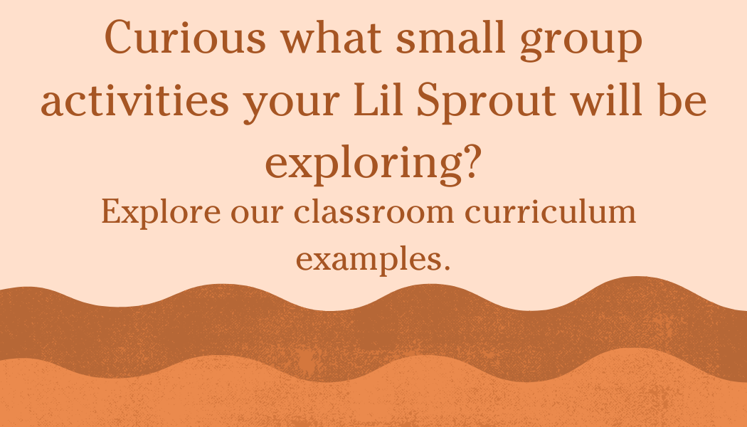 Text on a peach-colored background reading, 'Curious what small group activities your Lil Sprout will be exploring? Explore our classroom curriculum examples.'