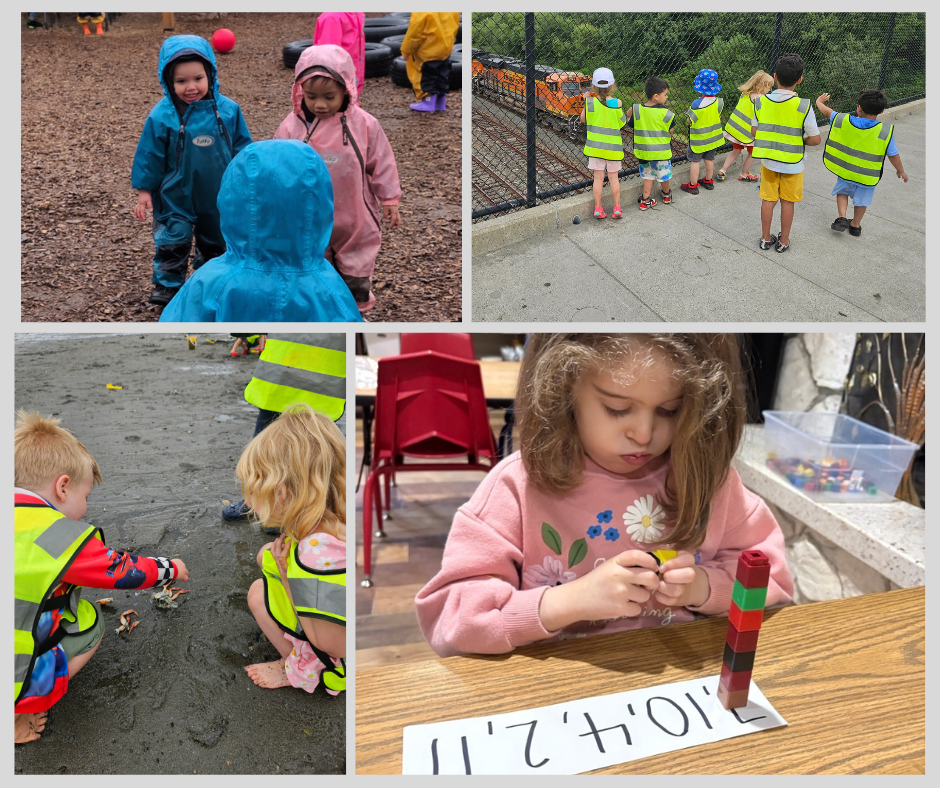Children engaging in various outdoor and indoor activities, including walking outside in rain gear, observing a train at the fence, playing near a water area with safety vests, and building with stacking blocks at a table.