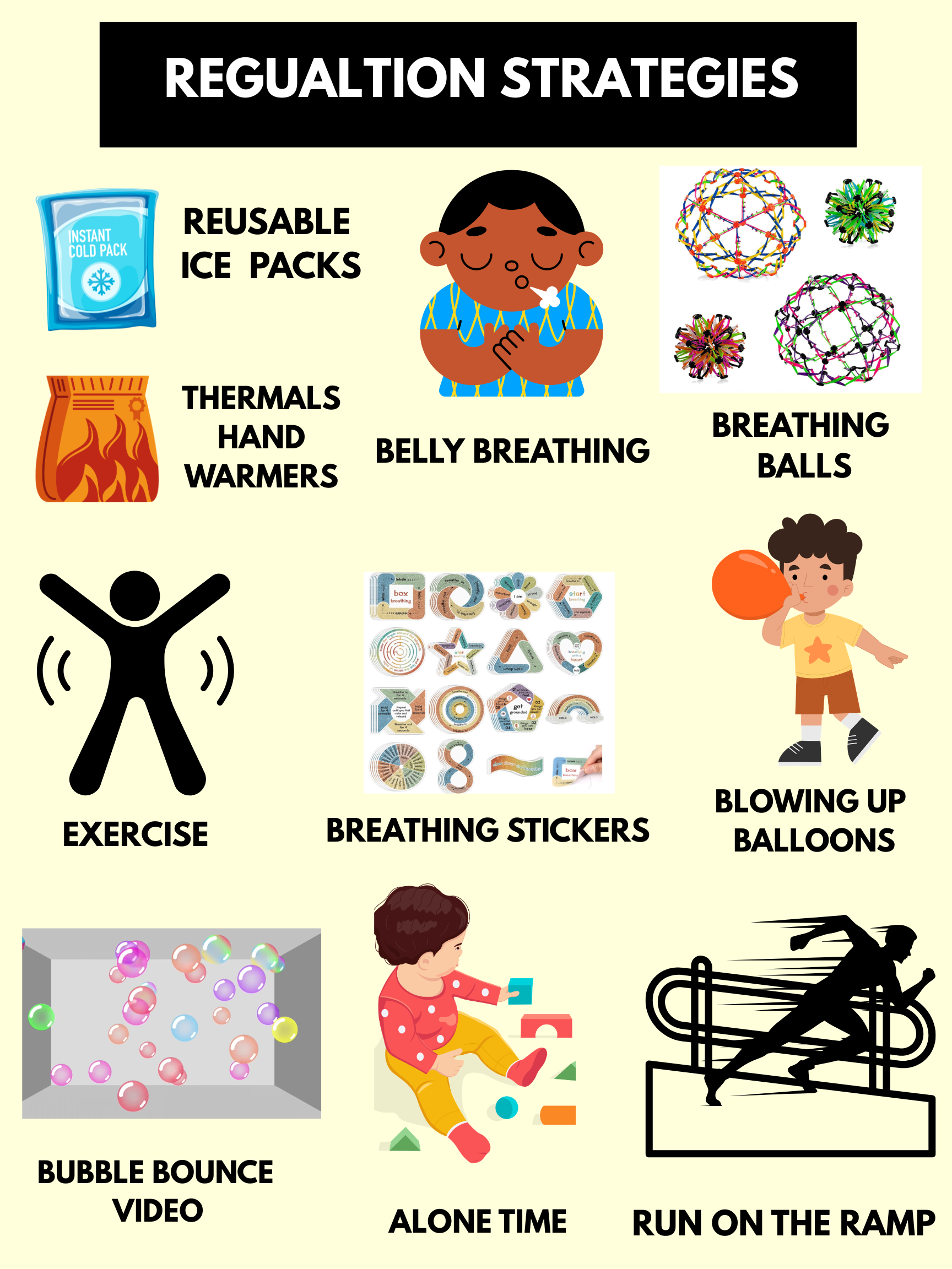 An infographic titled "Regulation Strategies" listing methods such as reusable ice packs, thermal hand warmers, breathing techniques, exercise, breathing stickers, blowing up balloons, bouncing bubbles, playing alone, and running on a ramp, with illustrations of children and objects associated with these strategies.