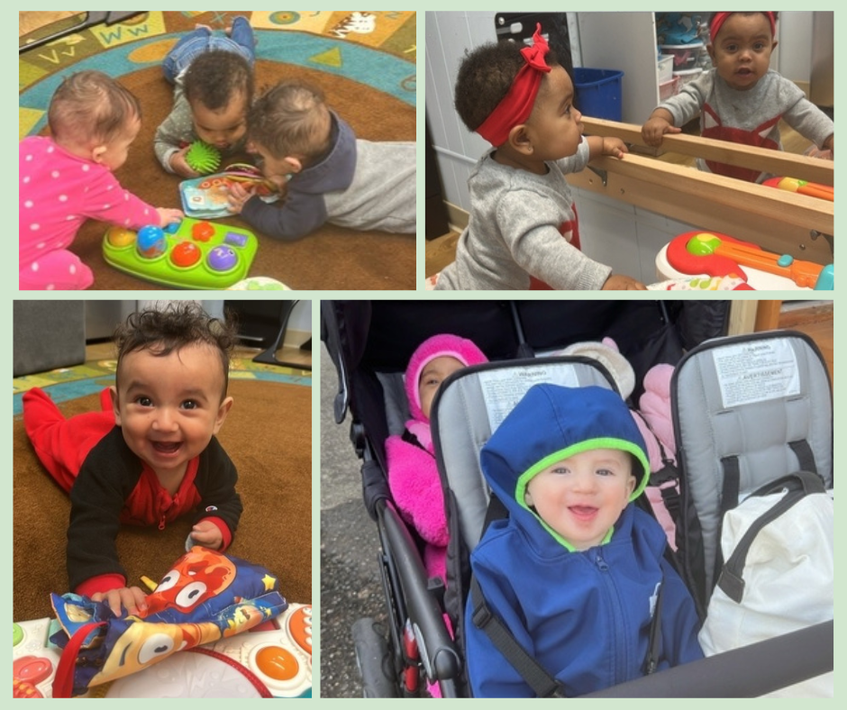 Collage of children in various indoor and outdoor settings: three children playing with toys on a rug, a girl looking at herself in a mirror, a smiling baby on the floor with toys, and two babies in a stroller dressed warmly.