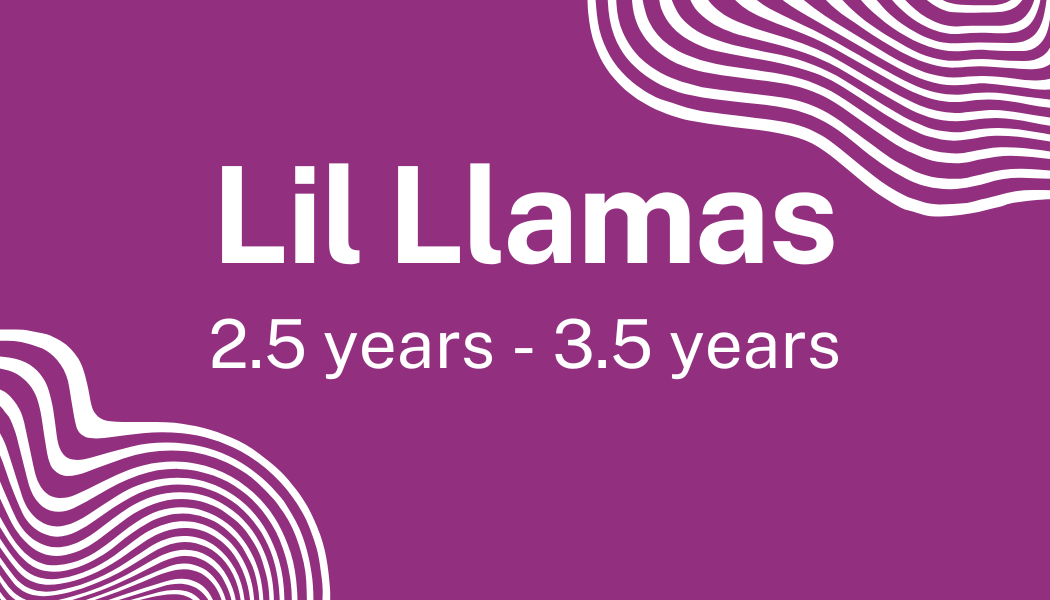 Purple background with white wavy lines and text reading "Lil Llamas 2.5 years - 3.5 years".