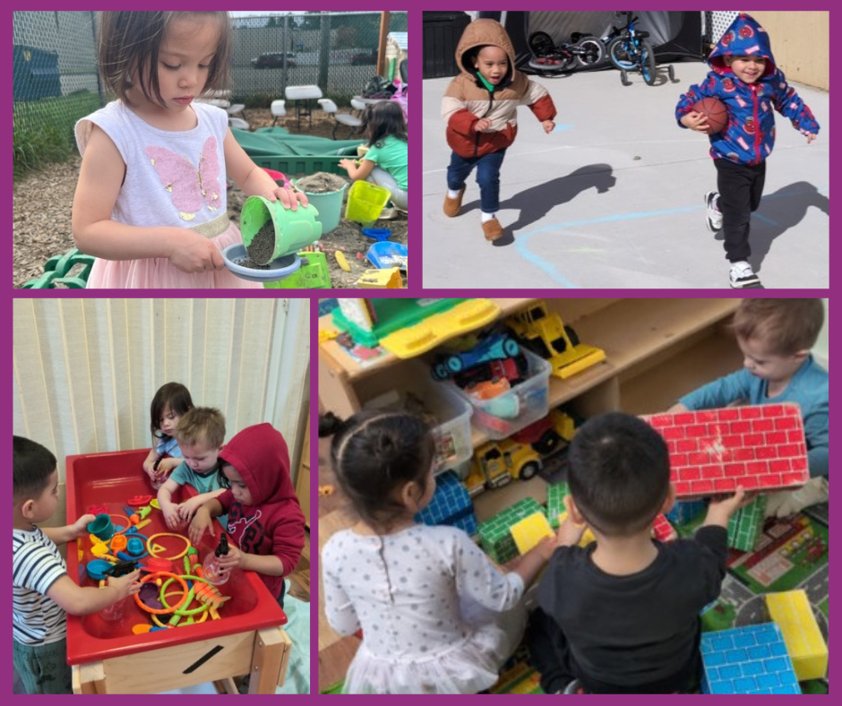 Children playing in outdoor playground, playing with toy trucks, building with colorful blocks, and playing with sand and toys at a sensory table.