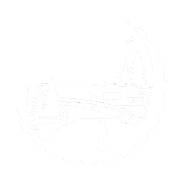 Logo for Ozarks Mobile RV Inspections featuring a black and white design with a spray of pine trees, a motorhome, and a magnifying glass, along with contact information and a magnifying glass icon.