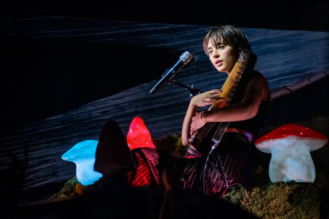 Photographe concert - Une jeune femme joue du theremin entourée de lumières en forme de champignons colorés dans un décor sombre.