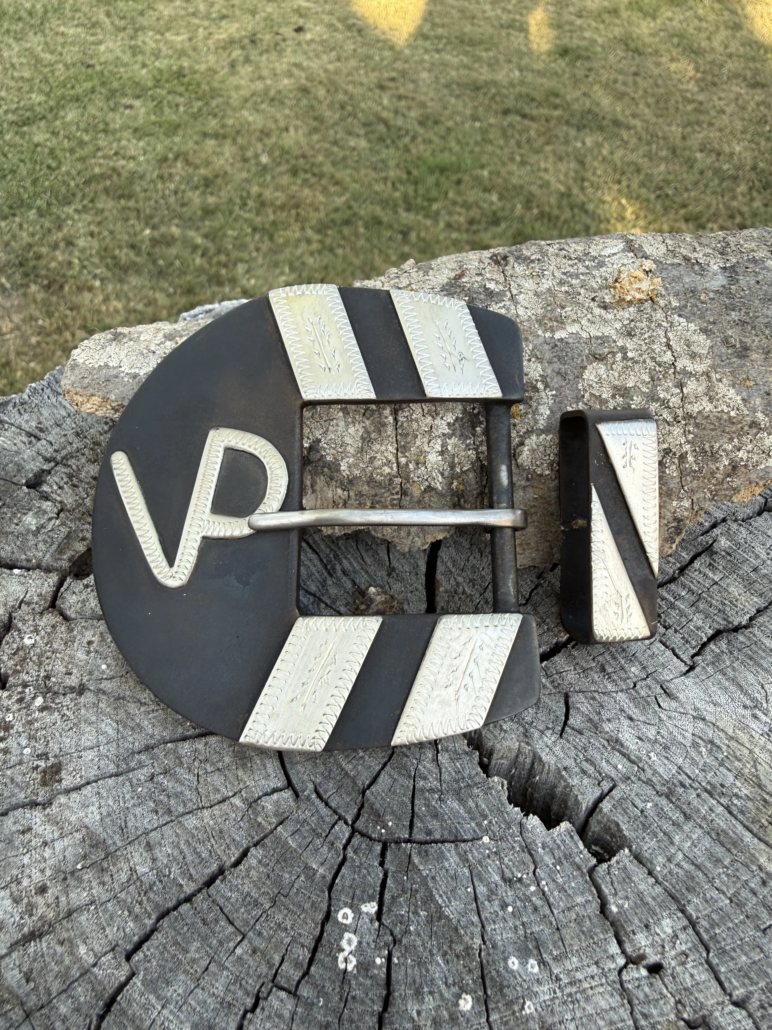 A black and silver bike brake caliper placed on a weathered tree stump with a grassy background.