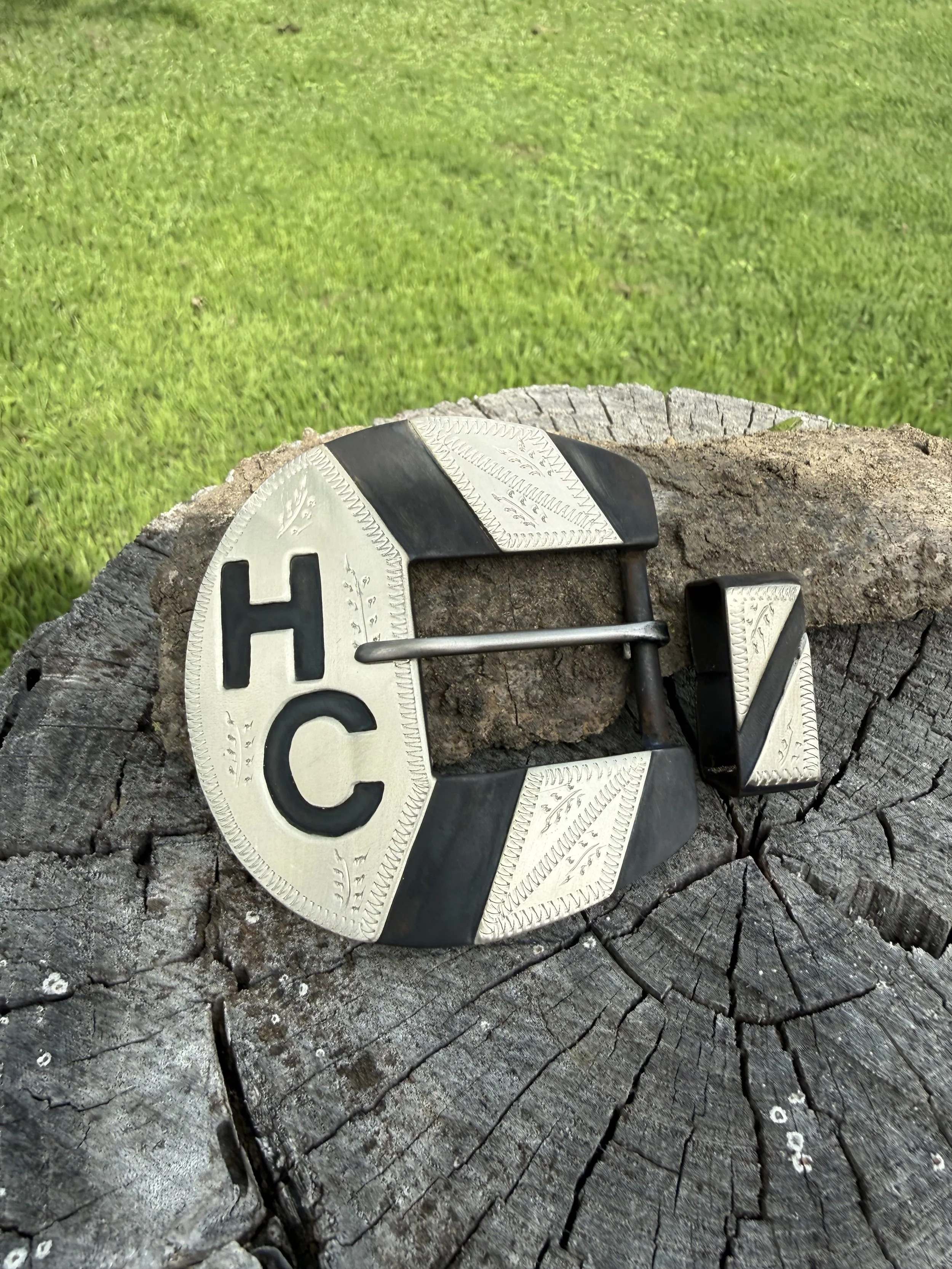 Close-up of a metallic and black belt buckle resting on a weathered tree stump with green grass in the background.