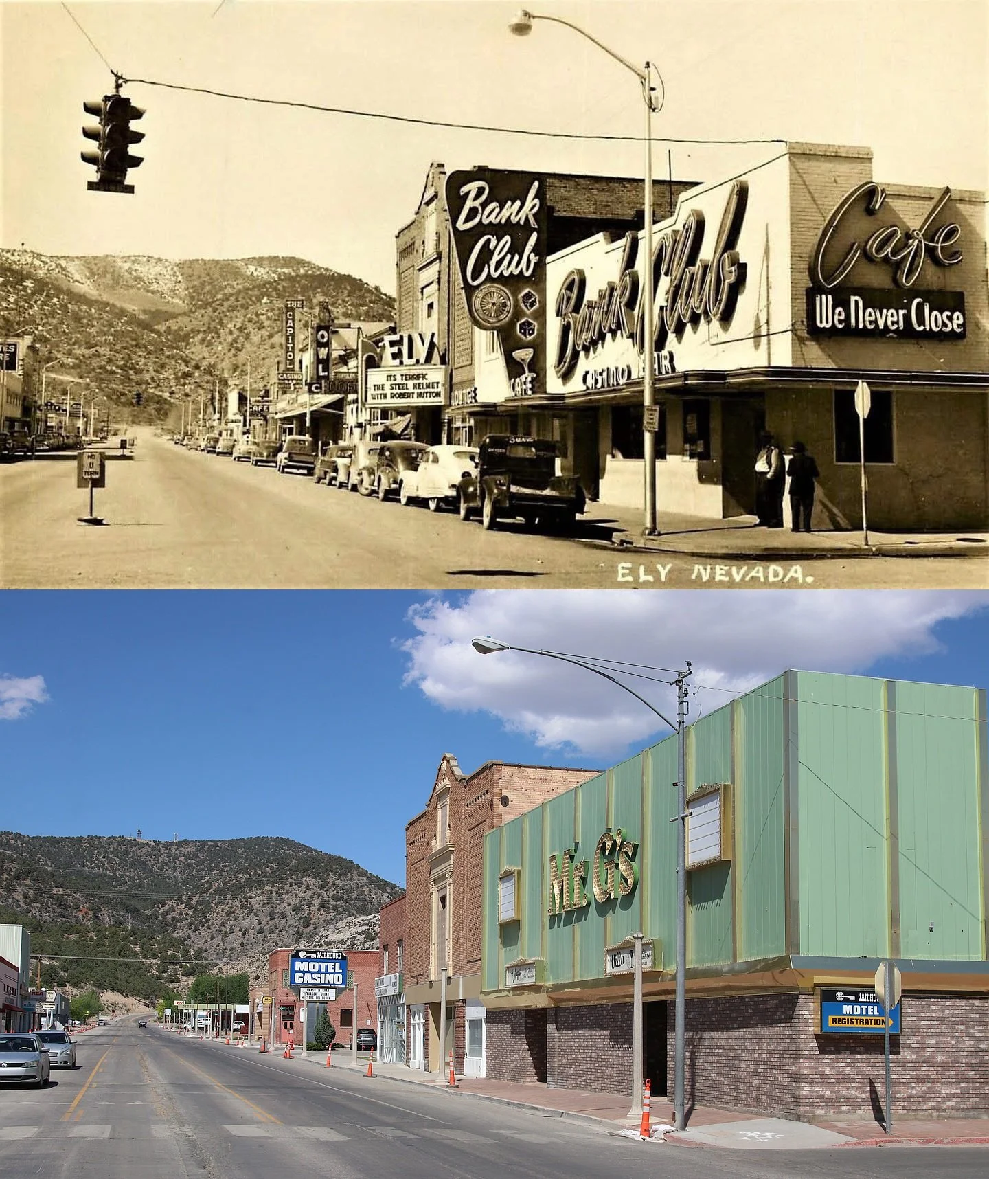 Comparison of an old black-and-white photograph and a modern color photograph of the same street in Ely, Nevada, showing buildings with neon signs and mountains in the background.