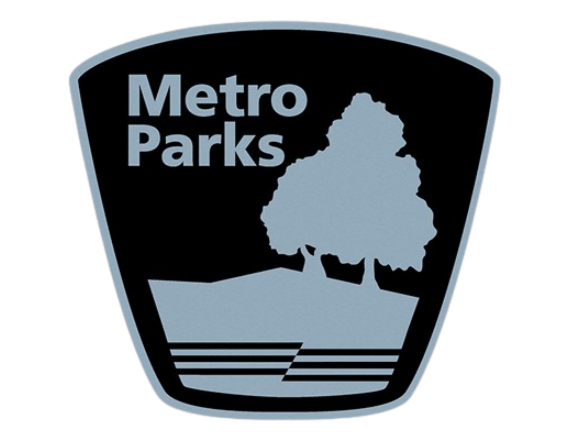 Logo for Metro Parks featuring a blue map of Ohio with the words 'Metro Parks' on a black background.