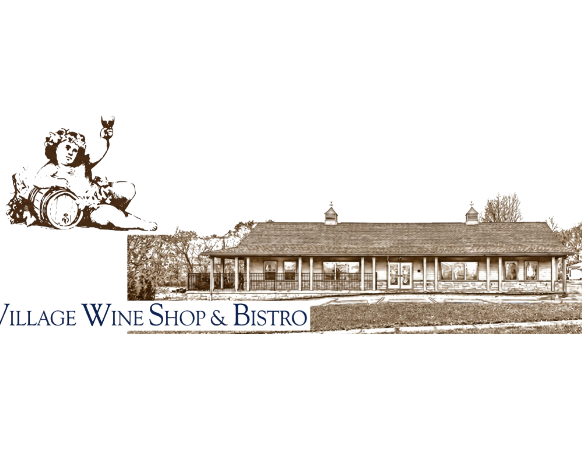 Sepia-toned illustration of a woman in a wheelchair with curly hair, holding up a glass, next to the text 'Village Wine Shop & Bistro', with a building and trees in the background.