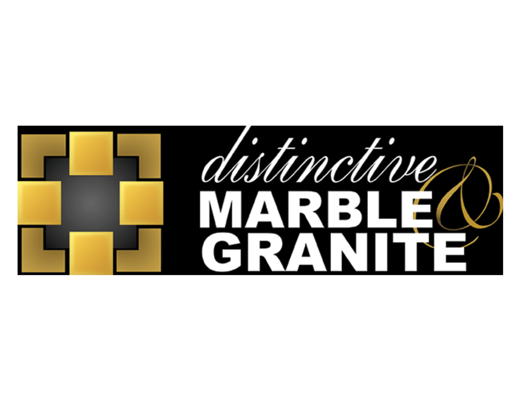 Logo with black background, gold and white text, and gold geometric design. Text reads 'distictive MARBLE GRANITE'.