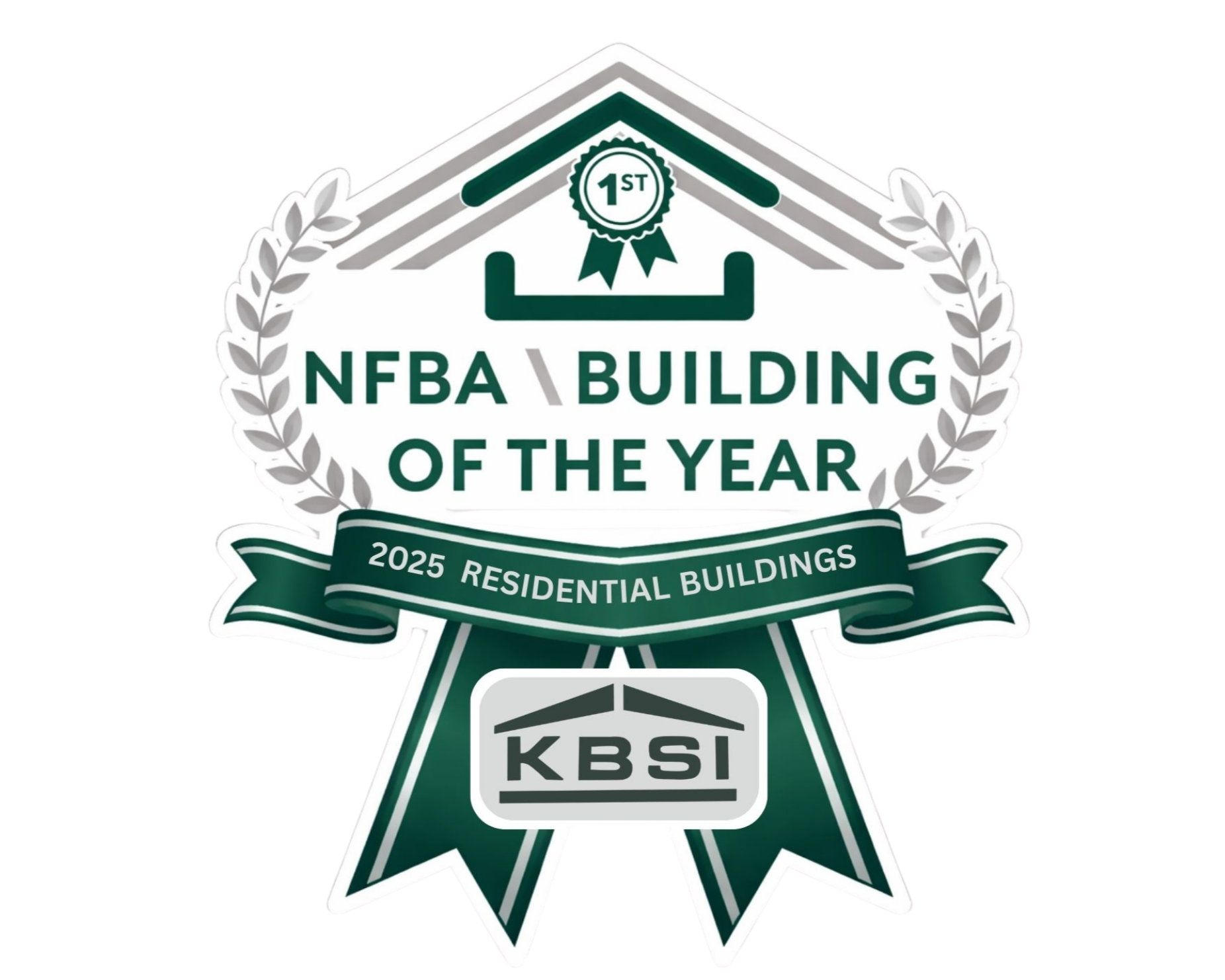 Award ribbon badge with laurel wreath, text indicating first place in NFBA Building of the Year, 2025 Residential Buildings, and a logo with 'KBSI'