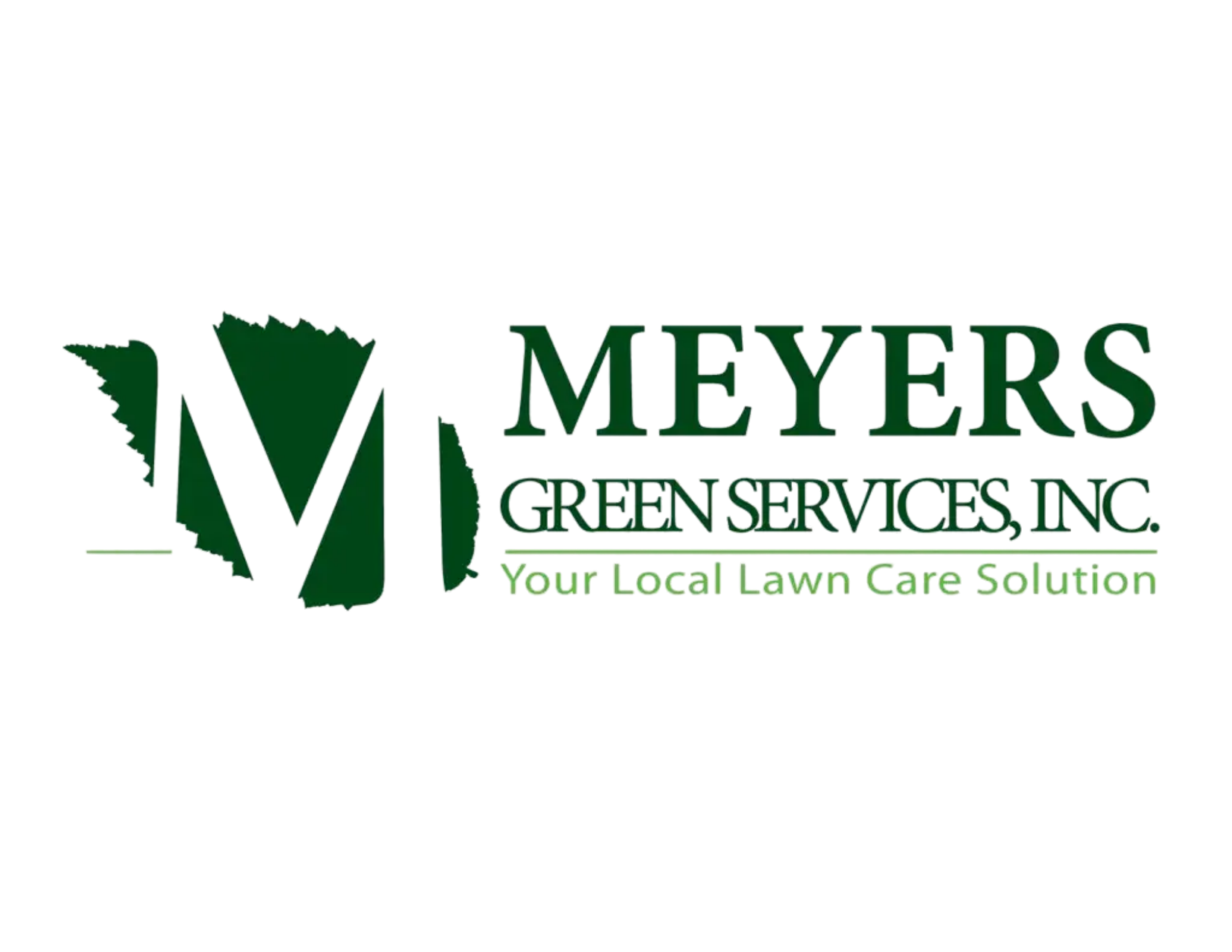 Logo for V.M. Meyers Green Services Inc. with green state shape and text 'Your Local Lawn Care Solution'