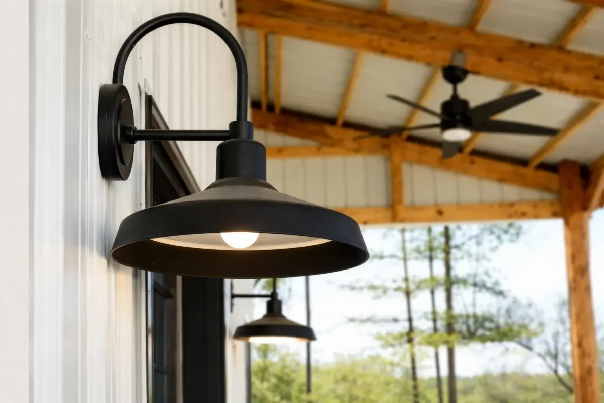 Close-up of a black exterior wall-mounted light fixture on a porch with a wooden ceiling and ceiling fan in the background.