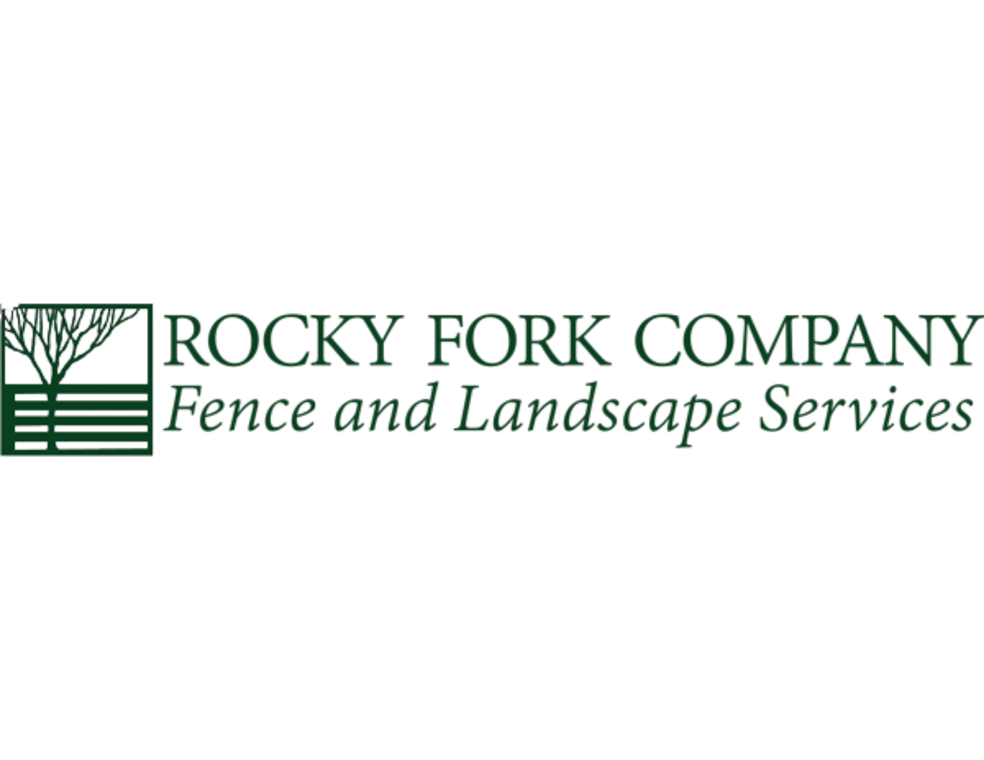 Green logo of Rocky Fork Company with tree illustration, followed by the text "Fence and Landscape Services".
