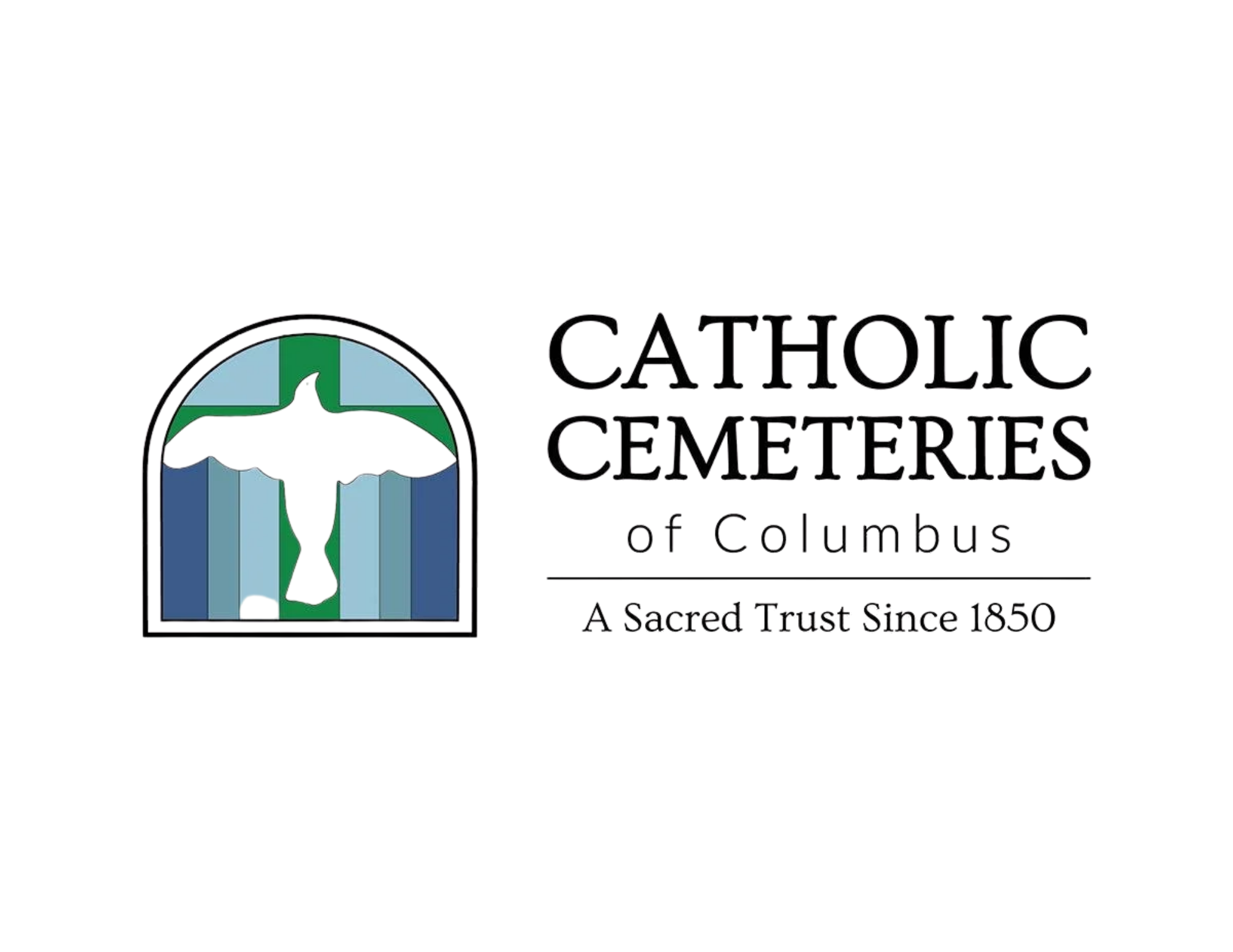 Logo for Catholic Cemeteries, featuring a stylized church with a cross, encircled by a design in purple, green, and blue, with the text 'Catholic Cemeteries' beside it.