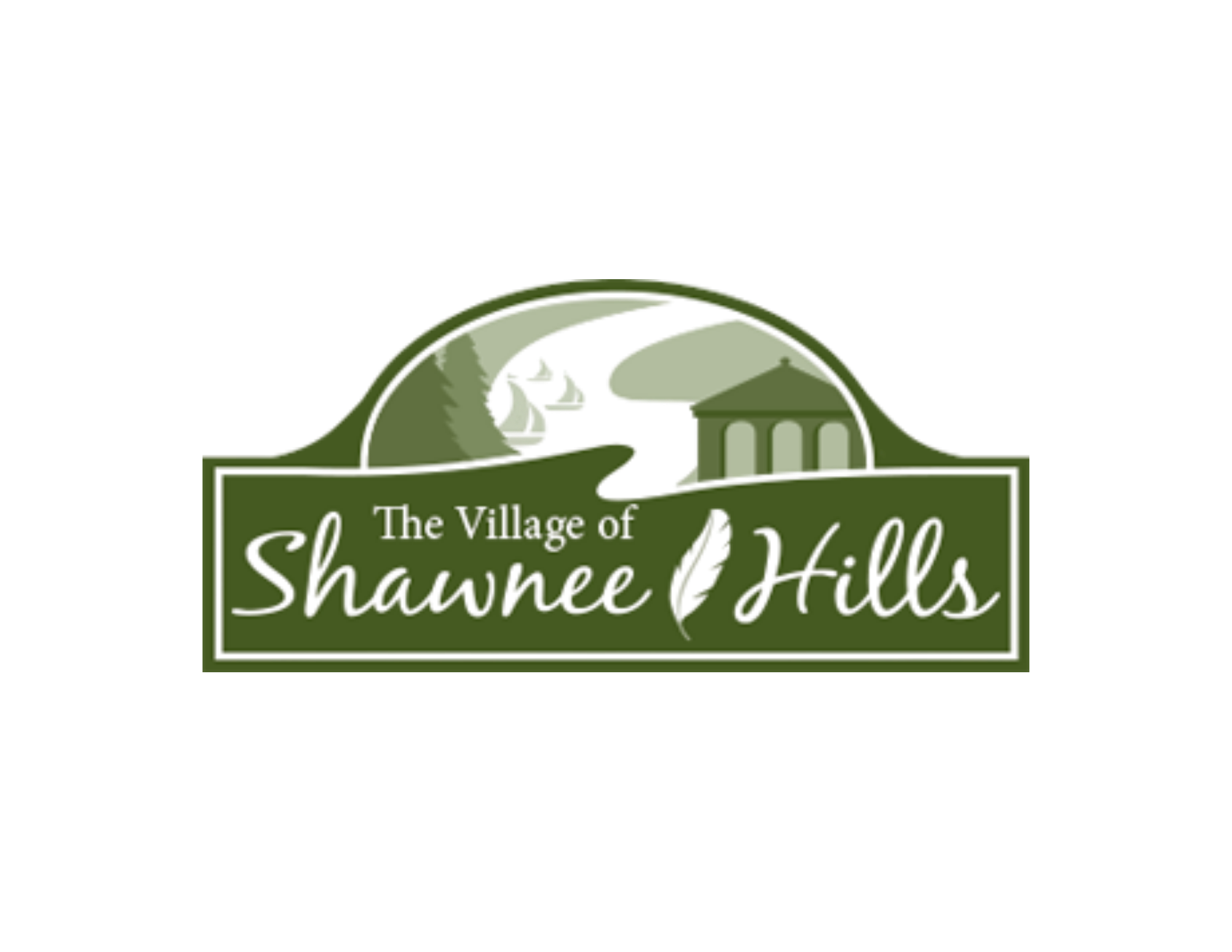 Logo for The Village of Schaumburg with a green arch, trees, a lamp post, and a white swan